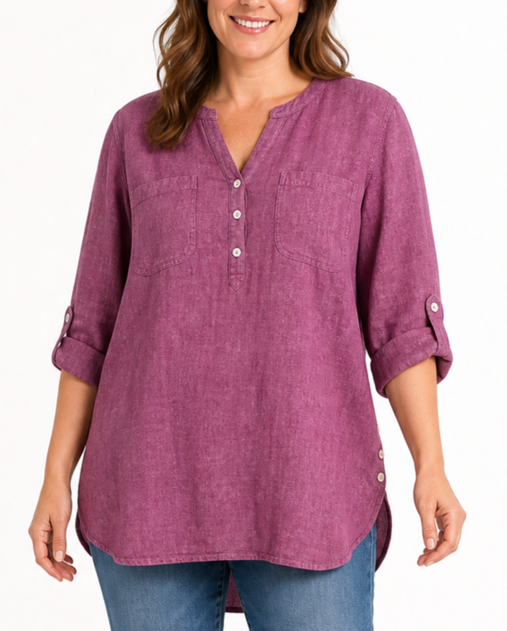Talbots 100% Linen Tunic Top Women’s XL Pink Roll-Tab Sleeve Popover Resortwear